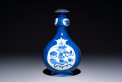 A Chinese blue and white powder-blue-ground hookah base, Kangxi