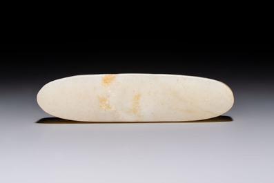 A Chinese white jade mountain-shaped brush rest with narcissus design, Dajie 大玠 mark, dated 1879