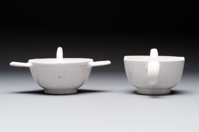 Seven white-glazed Delft or French faience feeding cups or 'Canards de Malade', 19th C.