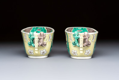 A pair of Chinese verte biscuit libation cups, 19th C.