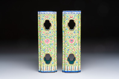 A pair of Chinese Canton enamel hat stands with floral design, 19th C.