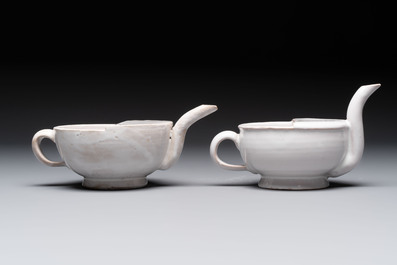 Seven white-glazed Delft or French faience feeding cups or 'Canards de Malade', 19th C.
