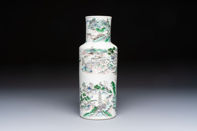 A Chinese famille verte 'Zhang Jiang Men 章江門' rouleau vase, 19th C.