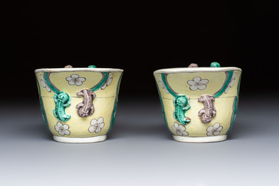 A pair of Chinese verte biscuit libation cups, 19th C.