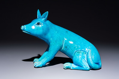 A Chinese turquoise-glazed model of a dog, Qianlong mark, 19th C.