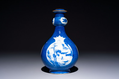 A Chinese blue and white powder-blue-ground hookah base, Kangxi