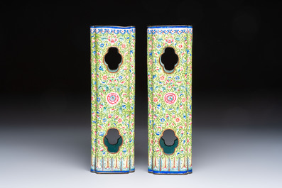 A pair of Chinese Canton enamel hat stands with floral design, 19th C.