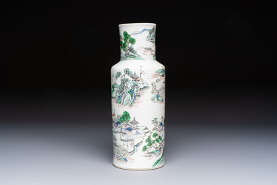 A Chinese famille verte 'Zhang Jiang Men 章江門' rouleau vase, 19th C.
