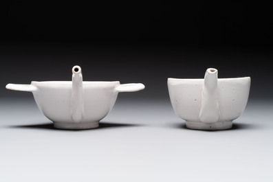 Seven white-glazed Delft or French faience feeding cups or 'Canards de Malade', 19th C.