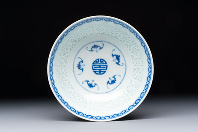 A Chinese blue and white 'Ling Long' bowl with bats design, Qianlong mark, 19th C.