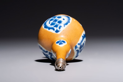 A Chinese blue and white capucine-ground rosewater sprinkler with silver mount, Kangxi