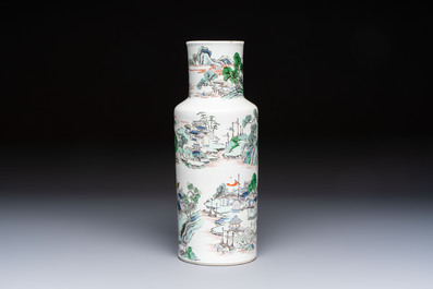 A Chinese famille verte 'Zhang Jiang Men 章江門' rouleau vase, 19th C.