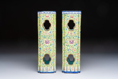 A pair of Chinese Canton enamel hat stands with floral design, 19th C.