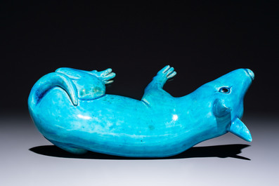A Chinese turquoise-glazed model of a dog, Qianlong mark, 19th C.