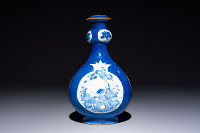 A Chinese blue and white powder-blue-ground hookah base, Kangxi