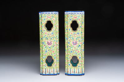 A pair of Chinese Canton enamel hat stands with floral design, 19th C.
