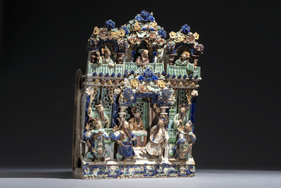 A large and fine Chinese polychrome-glazed Shiwan stoneware group of immortals, 19th C.