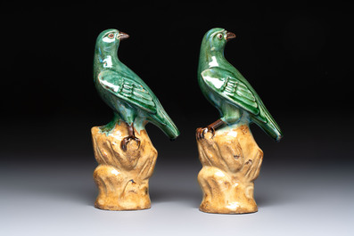 A pair of Chinese turquoise-glazed Buddhist lions, a pair of green-glazed parrots and a pair of miniature garden seats, 19/20th C.