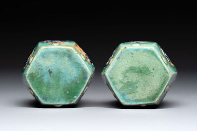 A pair of Chinese turquoise-glazed Buddhist lions, a pair of green-glazed parrots and a pair of miniature garden seats, 19/20th C.