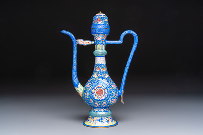 A Chinese Canton blue-ground enamel ewer and cover with floral design, 19th C.