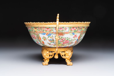 A Chinese Canton famille rose reticulated basket on stand and a gilt-bronze-mounted bowl, 19th C.