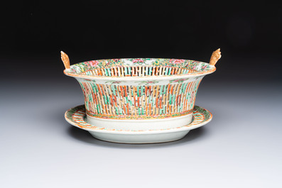 A Chinese Canton famille rose reticulated basket on stand and a gilt-bronze-mounted bowl, 19th C.