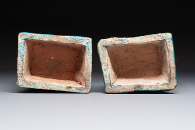 A pair of Chinese turquoise-glazed Buddhist lions, a pair of green-glazed parrots and a pair of miniature garden seats, 19/20th C.