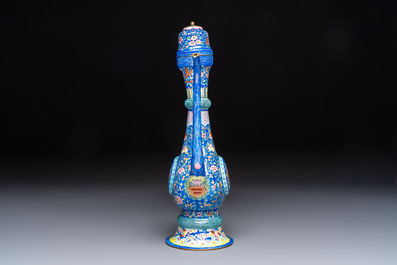 A Chinese Canton blue-ground enamel ewer and cover with floral design, 19th C.