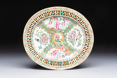 A Chinese Canton famille rose reticulated basket on stand and a gilt-bronze-mounted bowl, 19th C.