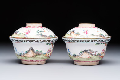 A pair of Chinese Canton enamel 'Wang Zhi Lan Ke 王質爛柯' and 'Poem' covered bowls, 18th C.