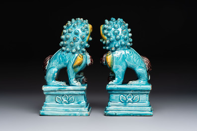 A pair of Chinese turquoise-glazed Buddhist lions, a pair of green-glazed parrots and a pair of miniature garden seats, 19/20th C.