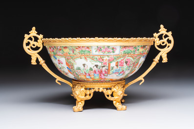 A Chinese Canton famille rose reticulated basket on stand and a gilt-bronze-mounted bowl, 19th C.