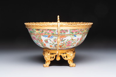 A Chinese Canton famille rose reticulated basket on stand and a gilt-bronze-mounted bowl, 19th C.
