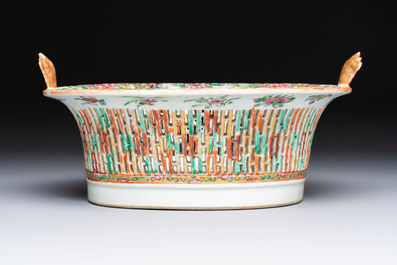 A Chinese Canton famille rose reticulated basket on stand and a gilt-bronze-mounted bowl, 19th C.