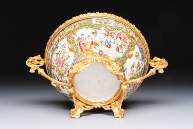 A Chinese Canton famille rose reticulated basket on stand and a gilt-bronze-mounted bowl, 19th C.