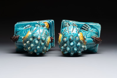 A pair of Chinese turquoise-glazed Buddhist lions, a pair of green-glazed parrots and a pair of miniature garden seats, 19/20th C.