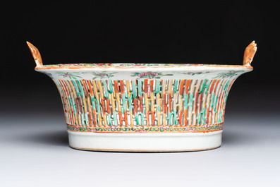 A Chinese Canton famille rose reticulated basket on stand and a gilt-bronze-mounted bowl, 19th C.