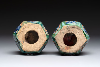 A pair of Chinese turquoise-glazed Buddhist lions, a pair of green-glazed parrots and a pair of miniature garden seats, 19/20th C.