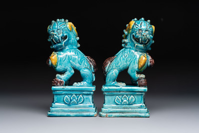 A pair of Chinese turquoise-glazed Buddhist lions, a pair of green-glazed parrots and a pair of miniature garden seats, 19/20th C.