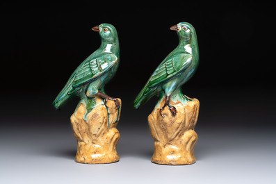 A pair of Chinese turquoise-glazed Buddhist lions, a pair of green-glazed parrots and a pair of miniature garden seats, 19/20th C.