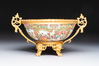 A Chinese Canton famille rose reticulated basket on stand and a gilt-bronze-mounted bowl, 19th C.