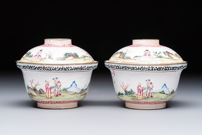 A pair of Chinese Canton enamel 'Wang Zhi Lan Ke 王質爛柯' and 'Poem' covered bowls, 18th C.