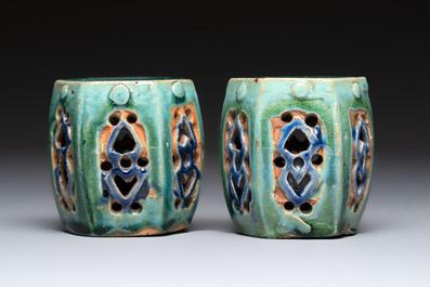 A pair of Chinese turquoise-glazed Buddhist lions, a pair of green-glazed parrots and a pair of miniature garden seats, 19/20th C.