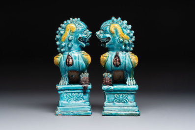 A pair of Chinese turquoise-glazed Buddhist lions, a pair of green-glazed parrots and a pair of miniature garden seats, 19/20th C.