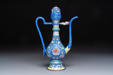 A Chinese Canton blue-ground enamel ewer and cover with floral design, 19th C.