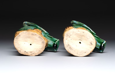 A pair of Chinese turquoise-glazed Buddhist lions, a pair of green-glazed parrots and a pair of miniature garden seats, 19/20th C.