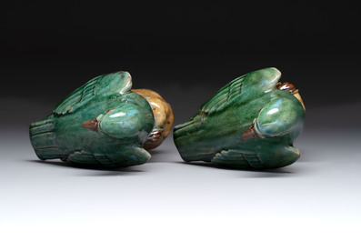 A pair of Chinese turquoise-glazed Buddhist lions, a pair of green-glazed parrots and a pair of miniature garden seats, 19/20th C.