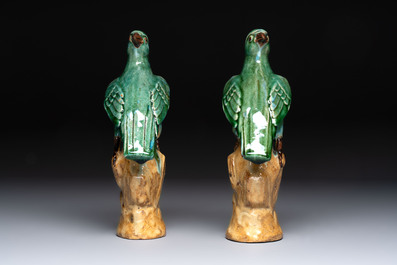 A pair of Chinese turquoise-glazed Buddhist lions, a pair of green-glazed parrots and a pair of miniature garden seats, 19/20th C.