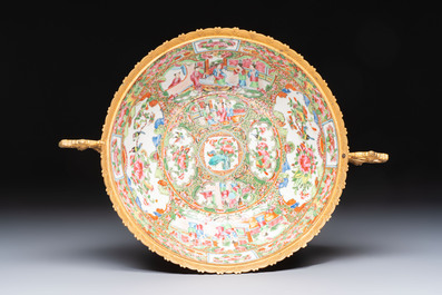 A Chinese Canton famille rose reticulated basket on stand and a gilt-bronze-mounted bowl, 19th C.