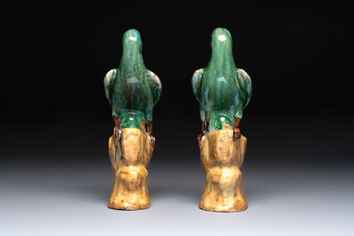A pair of Chinese turquoise-glazed Buddhist lions, a pair of green-glazed parrots and a pair of miniature garden seats, 19/20th C.